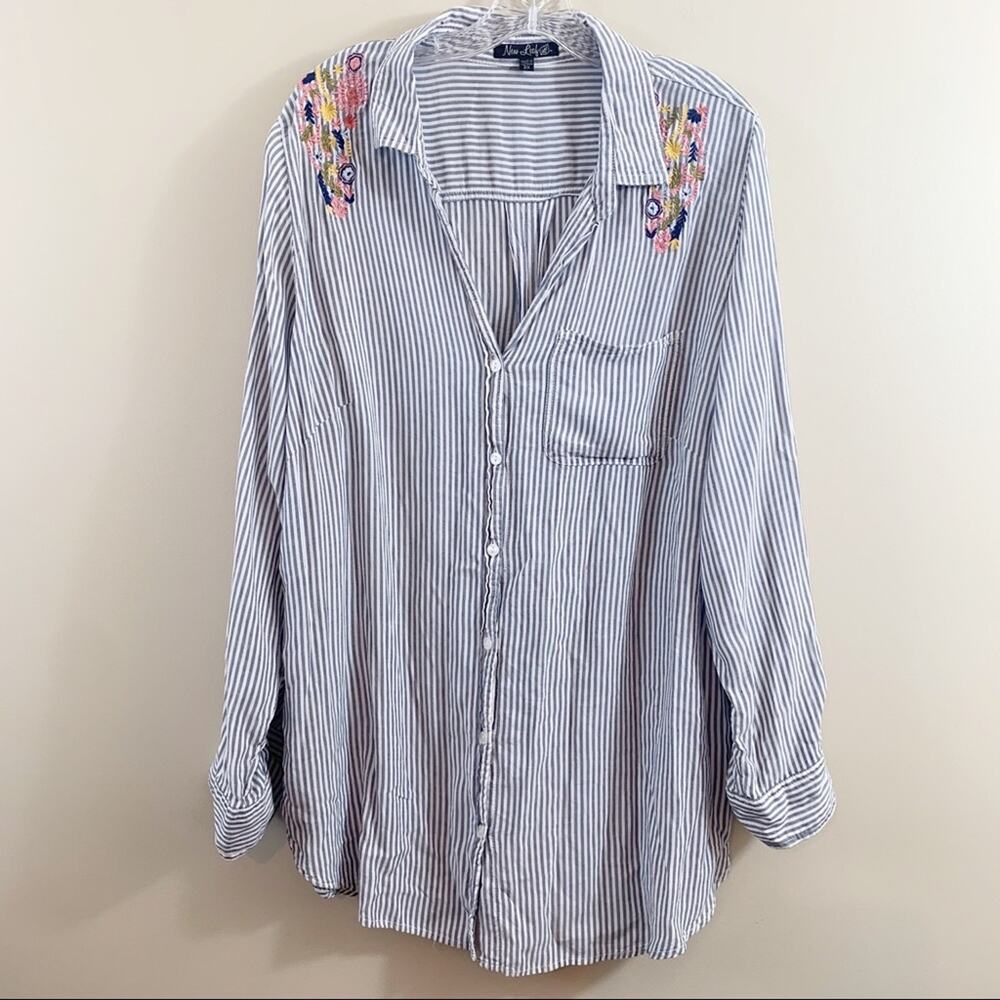 New Leaf Stripe Embroidered Floral Long Sleeve Top
